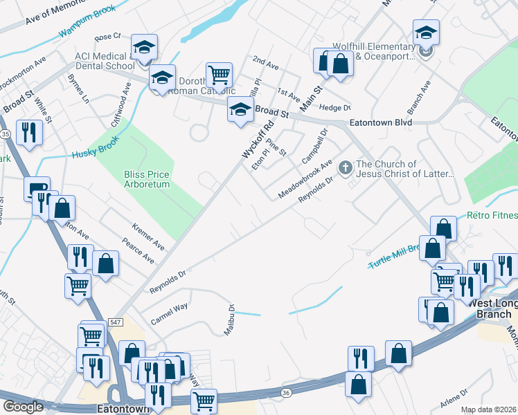 map of restaurants, bars, coffee shops, grocery stores, and more near 61 Reynolds Drive in Eatontown