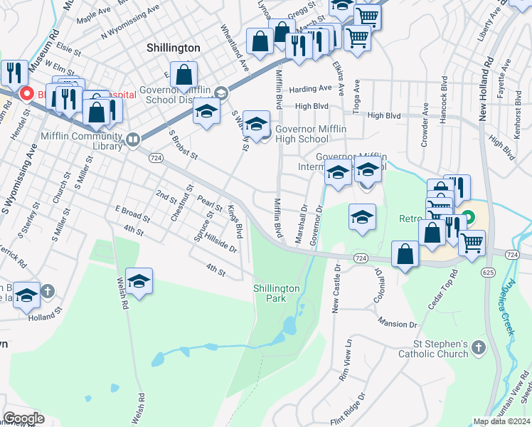 map of restaurants, bars, coffee shops, grocery stores, and more near 120 Gretchen Drive in Reading
