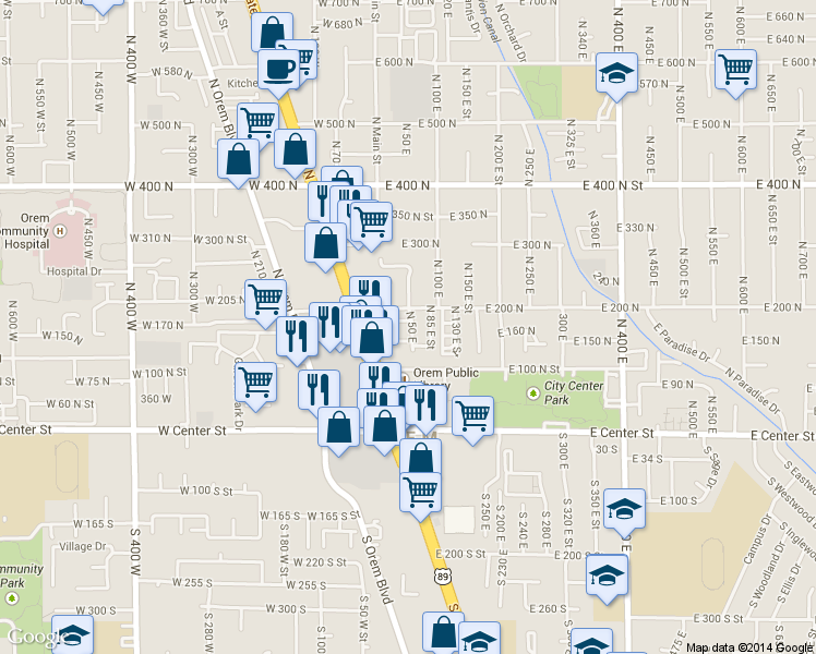 map of restaurants, bars, coffee shops, grocery stores, and more near 48 E 180 N in Orem