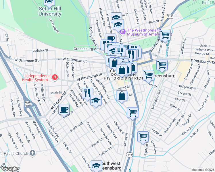 map of restaurants, bars, coffee shops, grocery stores, and more near 225 West 2nd Street in Greensburg