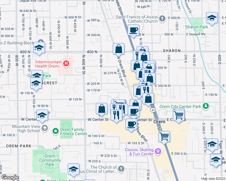 map of restaurants, bars, coffee shops, grocery stores, and more near 227 West 170 North in Orem