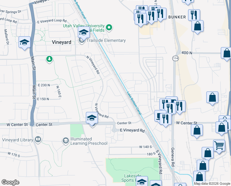 map of restaurants, bars, coffee shops, grocery stores, and more near 176 North 480 East in Vineyard