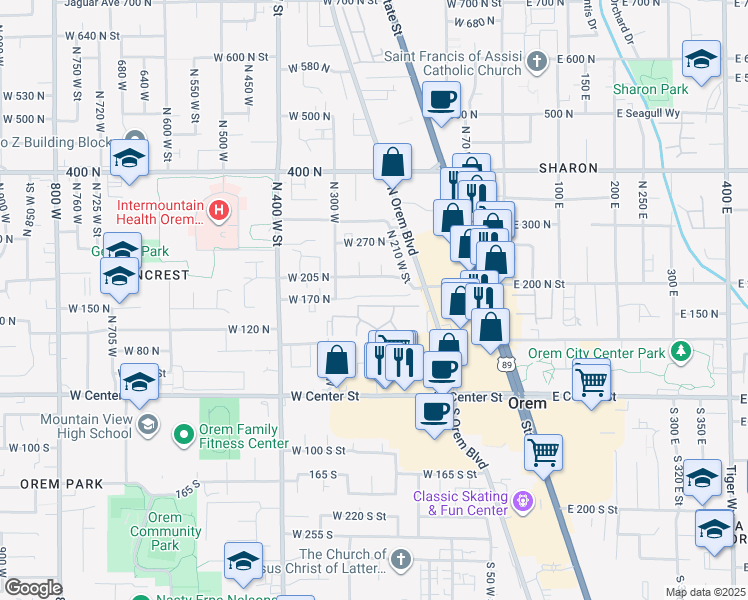 map of restaurants, bars, coffee shops, grocery stores, and more near 227 West 170 North in Orem