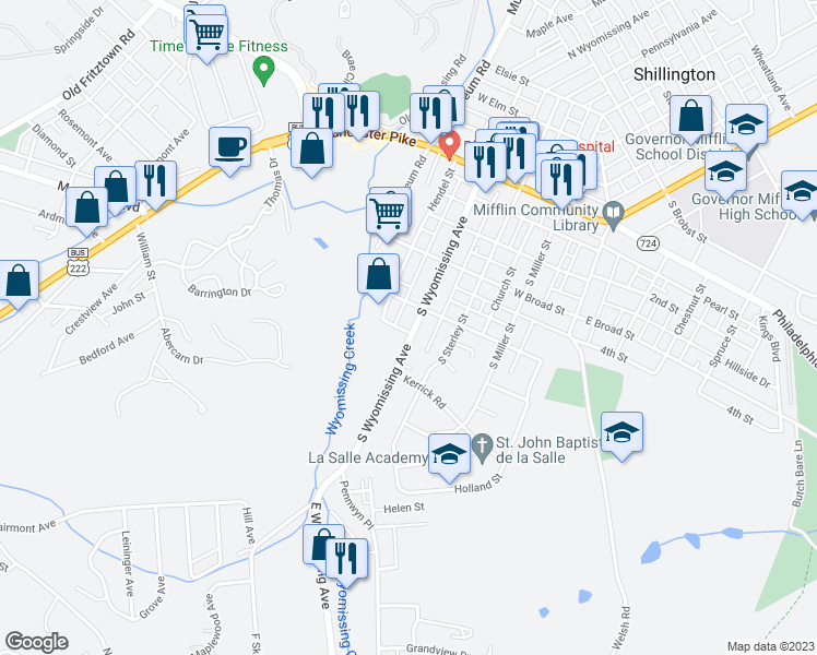 map of restaurants, bars, coffee shops, grocery stores, and more near 320 South Wyomissing Avenue in Shillington