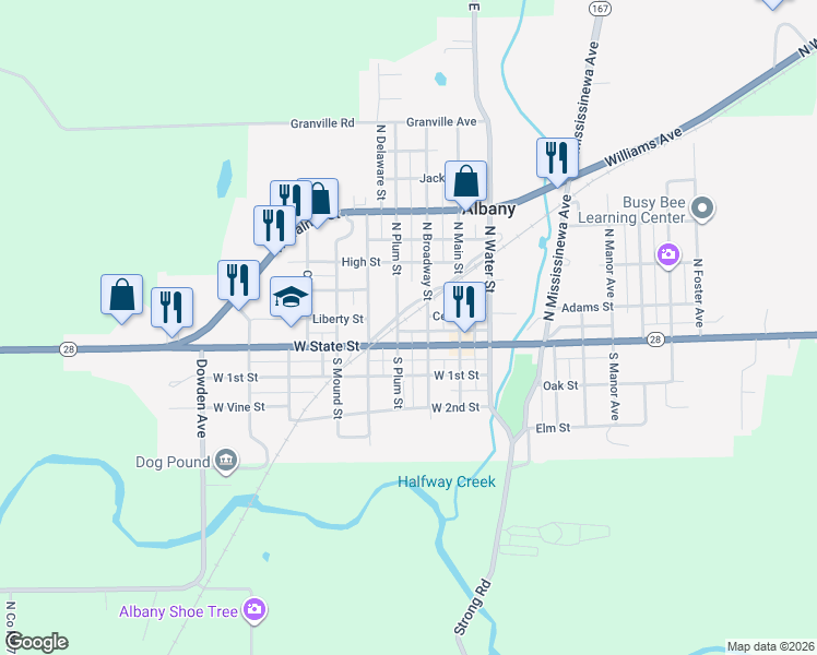 map of restaurants, bars, coffee shops, grocery stores, and more near 200 N Plum St in Albany