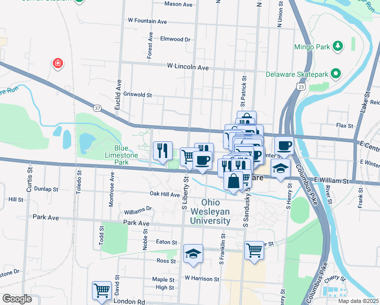 map of restaurants, bars, coffee shops, grocery stores, and more near 113 West Winter Street in Delaware