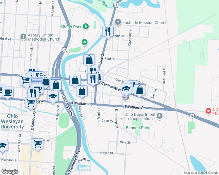 map of restaurants, bars, coffee shops, grocery stores, and more near 219 East Central Avenue in Delaware