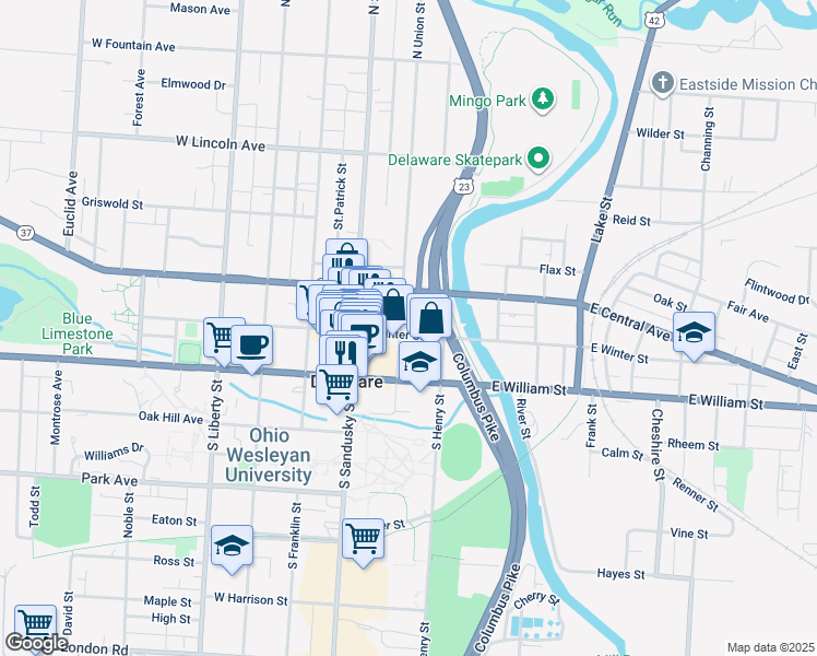 map of restaurants, bars, coffee shops, grocery stores, and more near 53 East Winter Street in Delaware