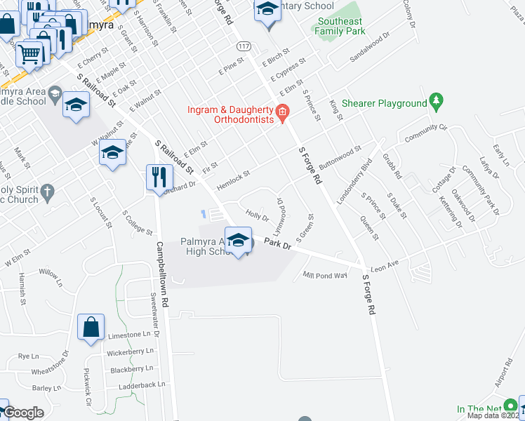 map of restaurants, bars, coffee shops, grocery stores, and more near 26 Holly Drive in Palmyra