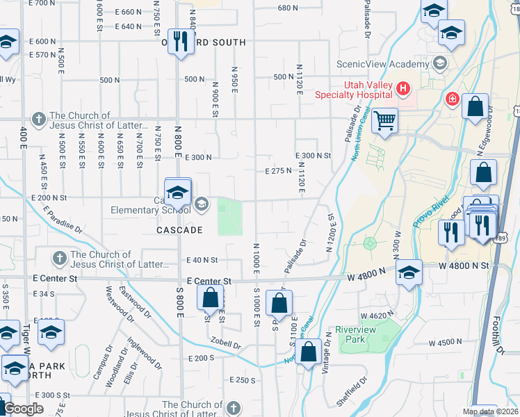 map of restaurants, bars, coffee shops, grocery stores, and more near 990 East 200 North in Orem