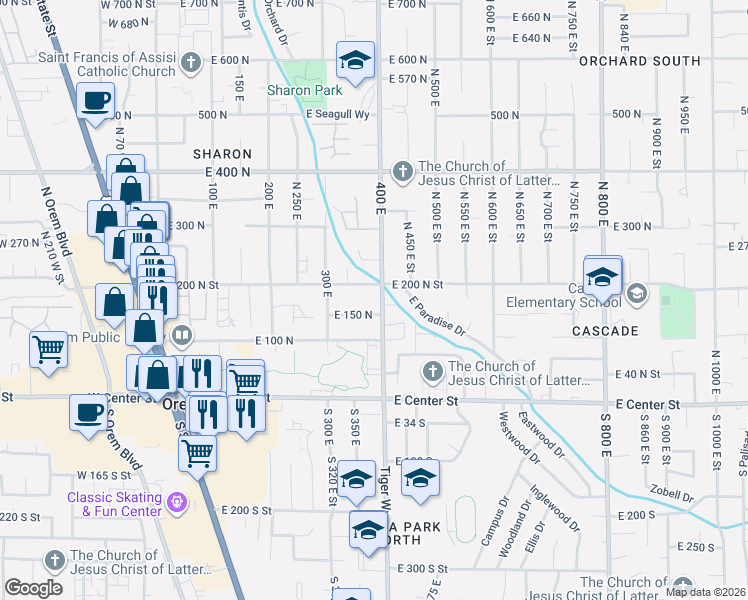 map of restaurants, bars, coffee shops, grocery stores, and more near 368 East 200 North in Orem