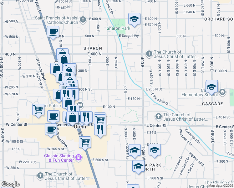 map of restaurants, bars, coffee shops, grocery stores, and more near 217 200 East in Orem