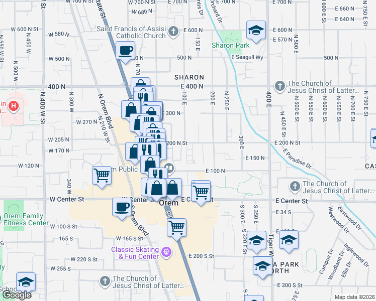 map of restaurants, bars, coffee shops, grocery stores, and more near 43 180 North in Orem
