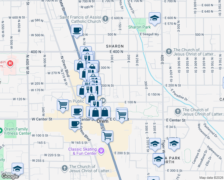 map of restaurants, bars, coffee shops, grocery stores, and more near 43 180 North in Orem