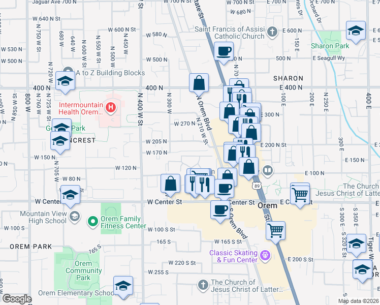 map of restaurants, bars, coffee shops, grocery stores, and more near 210 West 170 North in Orem