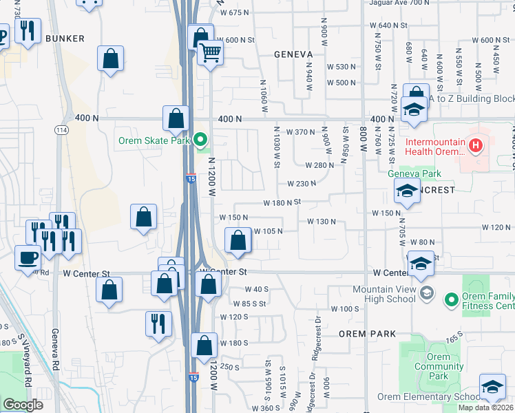 map of restaurants, bars, coffee shops, grocery stores, and more near 1078 West 180 North Street in Orem