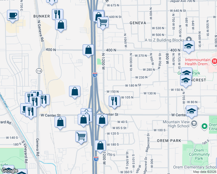map of restaurants, bars, coffee shops, grocery stores, and more near 181 North 1150 West in Orem