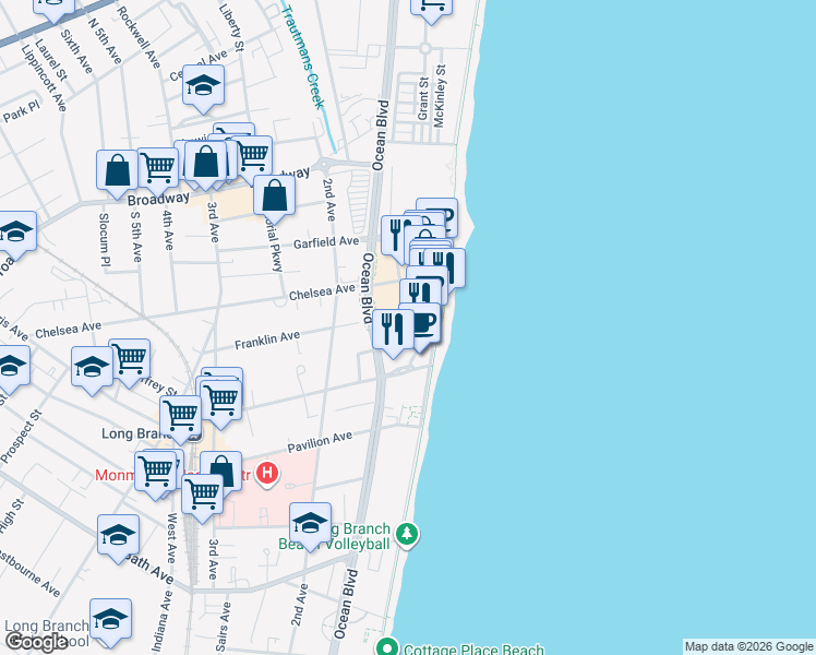 map of restaurants, bars, coffee shops, grocery stores, and more near 10 Melrose Terrace in Long Branch