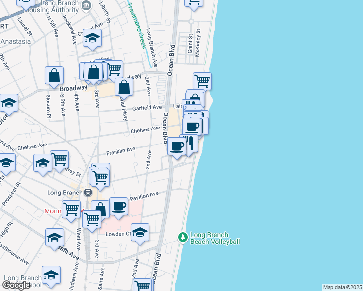 map of restaurants, bars, coffee shops, grocery stores, and more near 10 Melrose Terrace in Long Branch