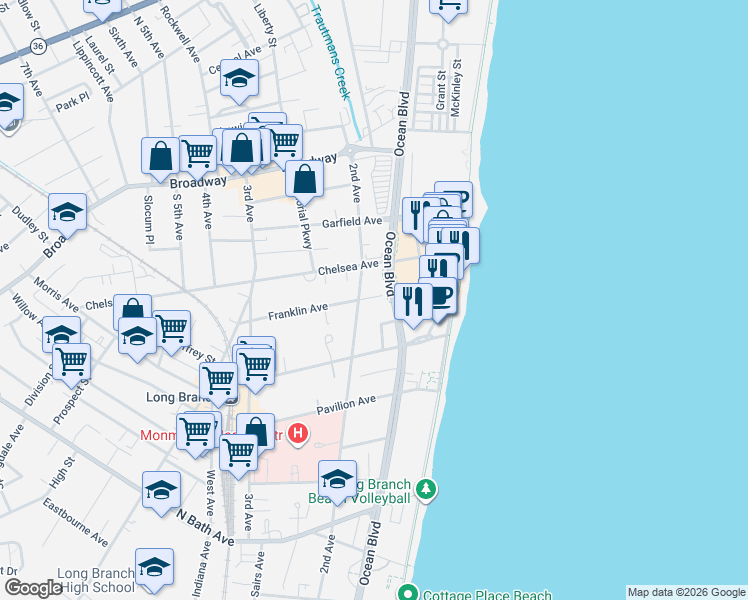 map of restaurants, bars, coffee shops, grocery stores, and more near 210 Ocean Avenue in Long Branch