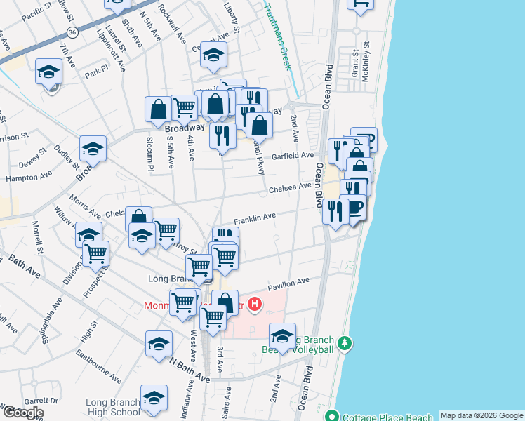 map of restaurants, bars, coffee shops, grocery stores, and more near 129 Franklin Avenue in Long Branch