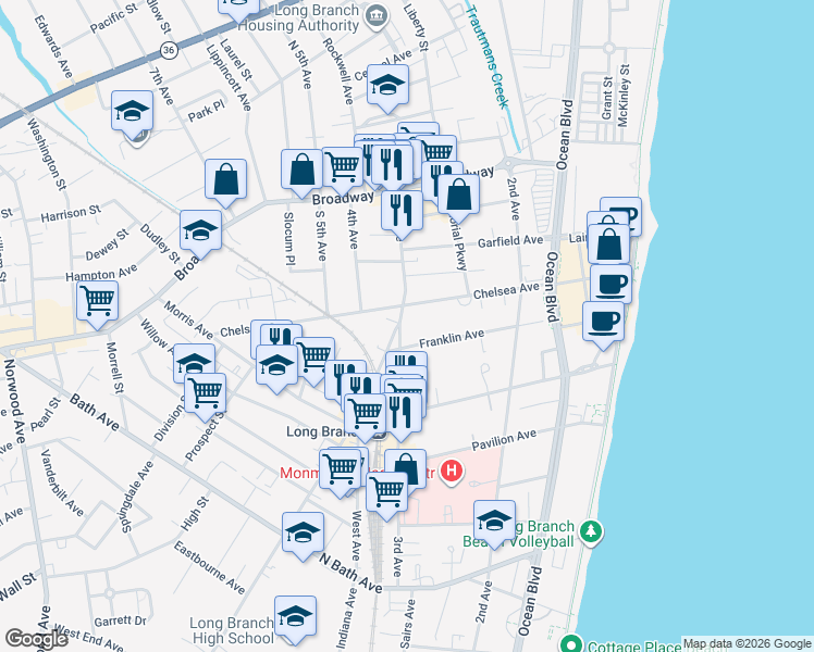 map of restaurants, bars, coffee shops, grocery stores, and more near 114 3rd Avenue in Long Branch