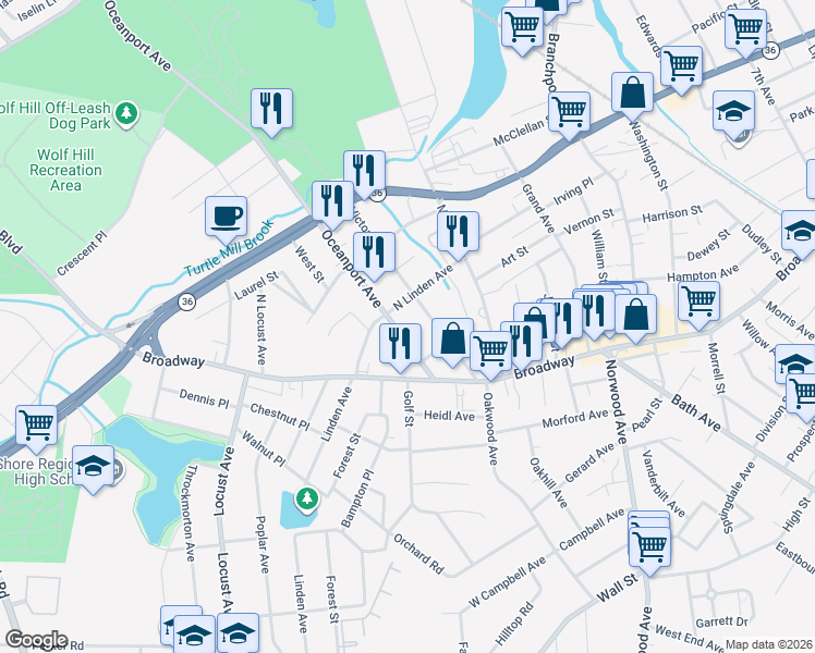 map of restaurants, bars, coffee shops, grocery stores, and more near 32 Oceanport Avenue in West Long Branch