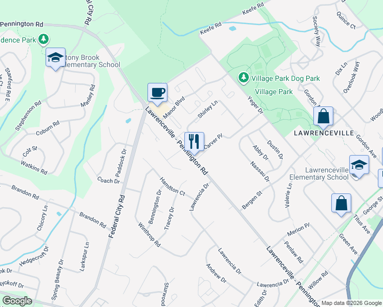 map of restaurants, bars, coffee shops, grocery stores, and more near A17 Carver Place in Lawrence Township