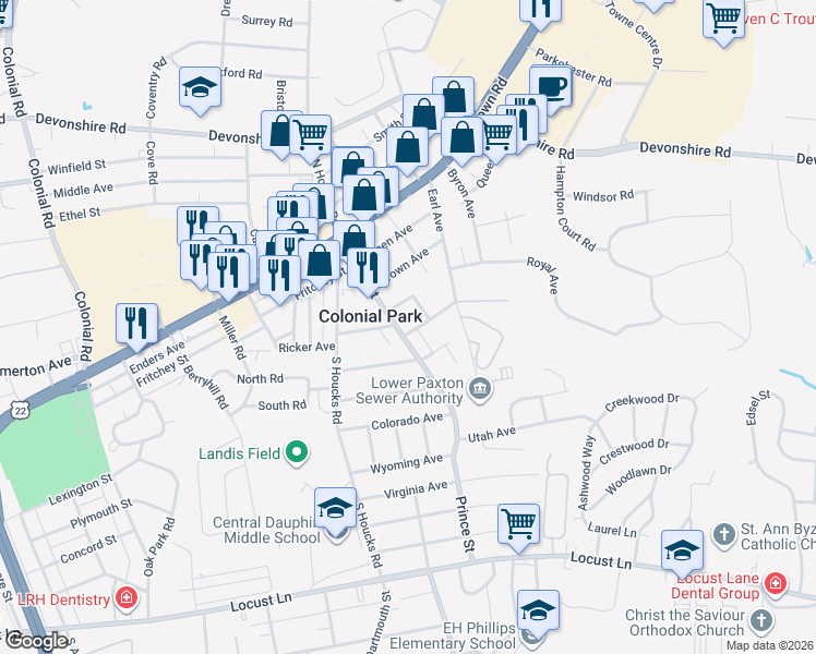 map of restaurants, bars, coffee shops, grocery stores, and more near 4702 Lancer Street in Harrisburg