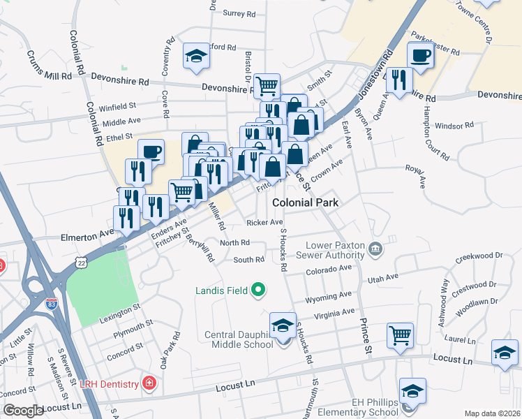 map of restaurants, bars, coffee shops, grocery stores, and more near 125 Ferree Street in Harrisburg