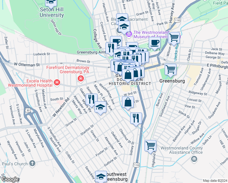 map of restaurants, bars, coffee shops, grocery stores, and more near 213 Vannear Avenue in Greensburg