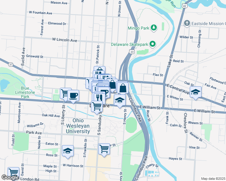 map of restaurants, bars, coffee shops, grocery stores, and more near 53 East Winter Street in Delaware