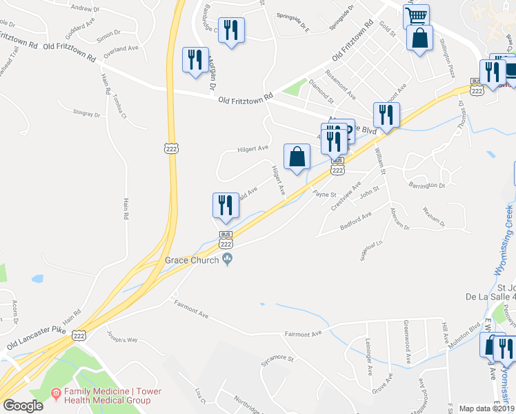 map of restaurants, bars, coffee shops, grocery stores, and more near 2400 Lancaster Pike in Reading