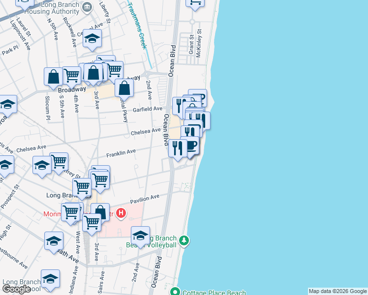 map of restaurants, bars, coffee shops, grocery stores, and more near 10 Melrose Terrace in Long Branch