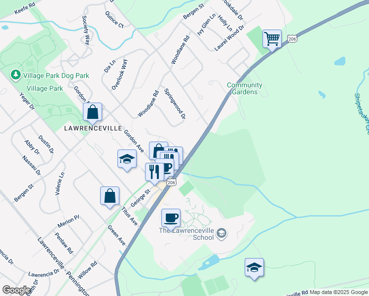 map of restaurants, bars, coffee shops, grocery stores, and more near 16 Manning Lane in Lawrence Township