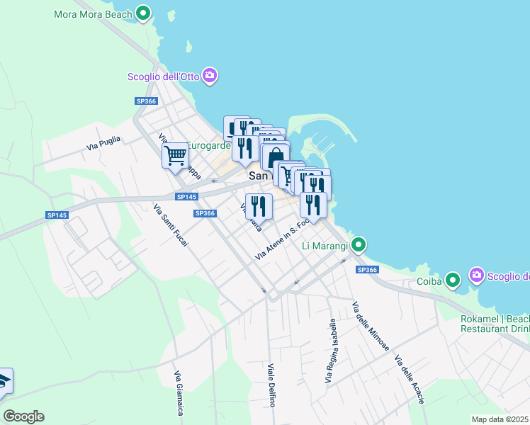 map of restaurants, bars, coffee shops, grocery stores, and more near 32 Via Ettore Fieramosca in San Foca
