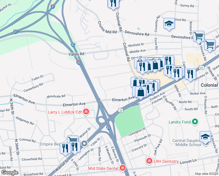 map of restaurants, bars, coffee shops, grocery stores, and more near 262 North Arlington Avenue in Harrisburg