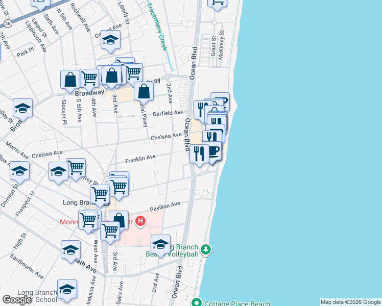 map of restaurants, bars, coffee shops, grocery stores, and more near 99 Melrose Terrace in Long Branch