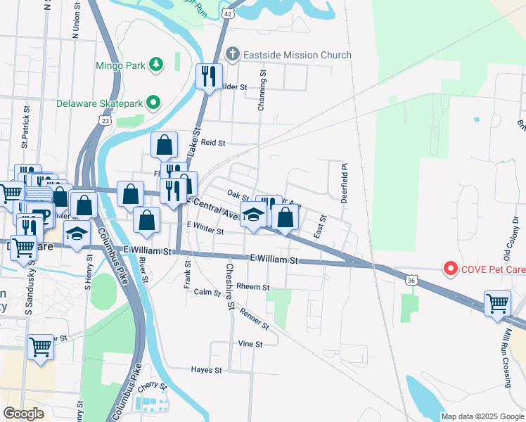 map of restaurants, bars, coffee shops, grocery stores, and more near 25 Hammond St in Delaware