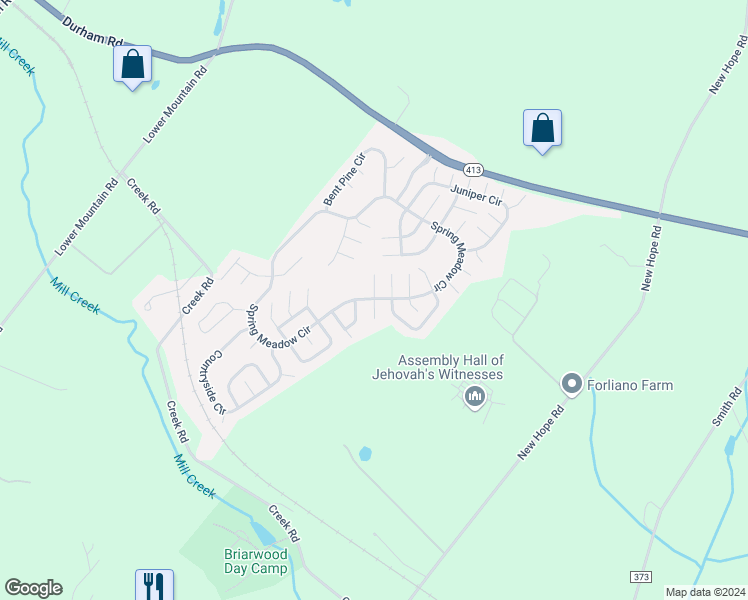 map of restaurants, bars, coffee shops, grocery stores, and more near 197 Cardinal Court South in New Hope