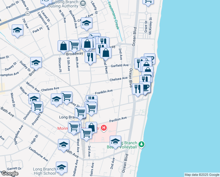 map of restaurants, bars, coffee shops, grocery stores, and more near 129 Franklin Avenue in Long Branch