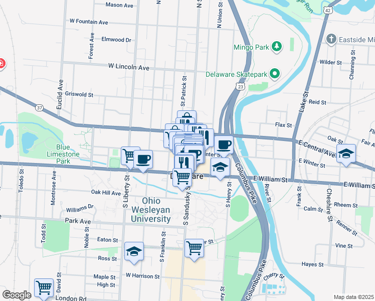 map of restaurants, bars, coffee shops, grocery stores, and more near 23 West Winter Street in Delaware