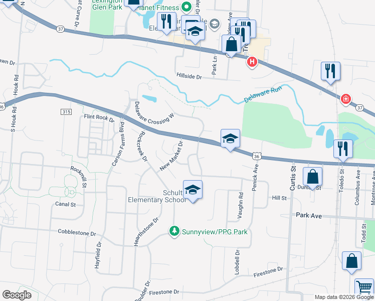 map of restaurants, bars, coffee shops, grocery stores, and more near 281 Richards Circle in Delaware