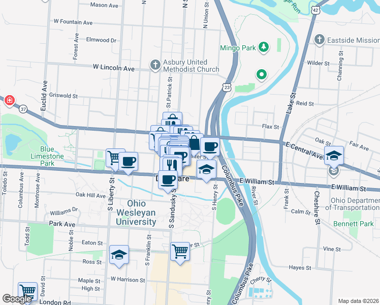 map of restaurants, bars, coffee shops, grocery stores, and more near 29 East Winter Street in Delaware