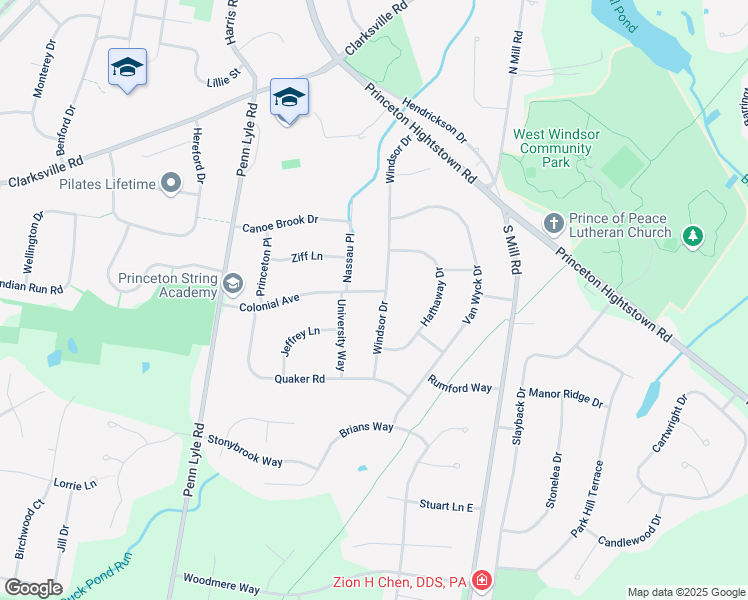 map of restaurants, bars, coffee shops, grocery stores, and more near 40 Windsor Drive in West Windsor Township