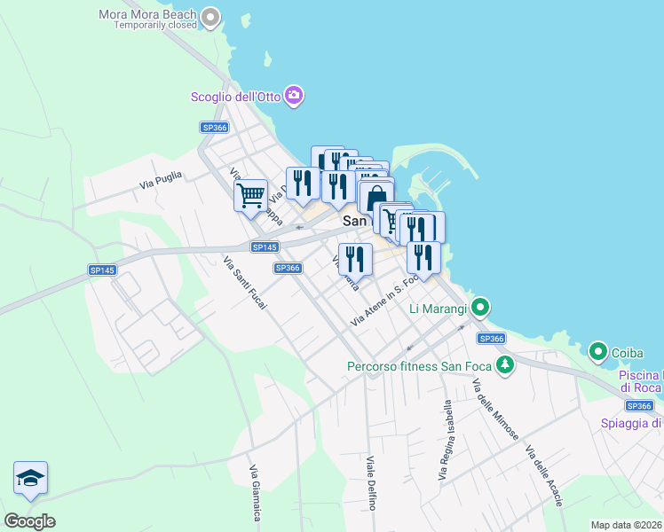 map of restaurants, bars, coffee shops, grocery stores, and more near 19 Piazza Lampedusa in San Foca
