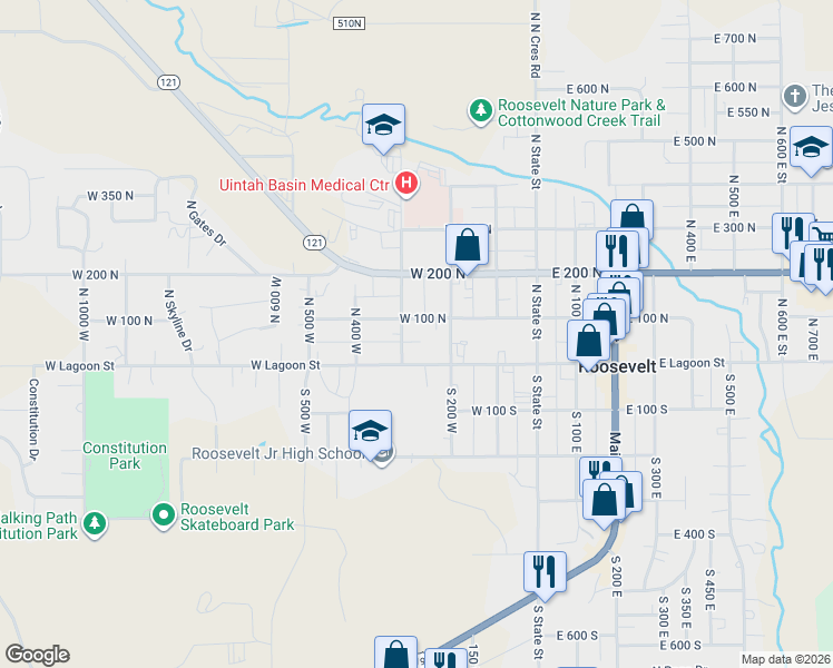 map of restaurants, bars, coffee shops, grocery stores, and more near 268 Mountain Green Circle in Roosevelt