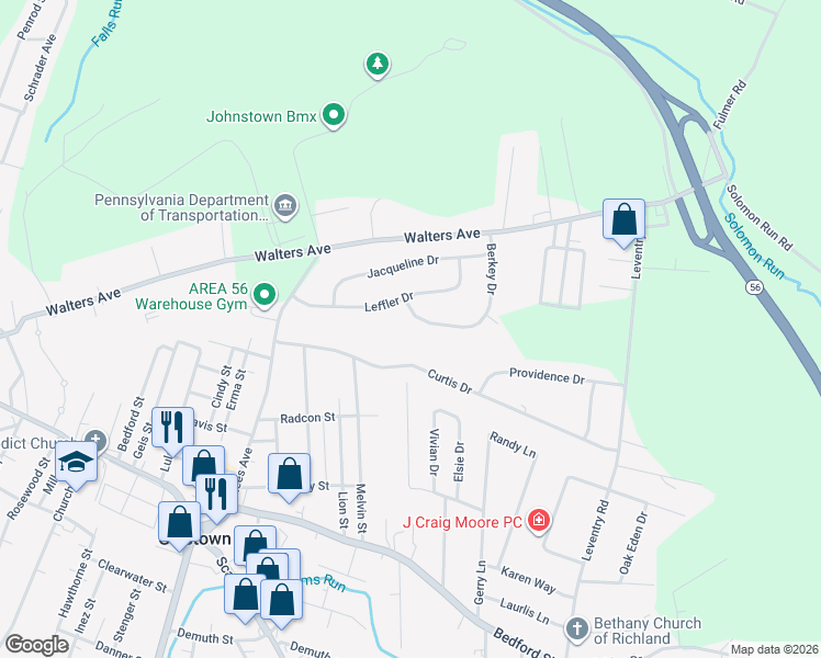 map of restaurants, bars, coffee shops, grocery stores, and more near 108 Berkey Drive in Johnstown
