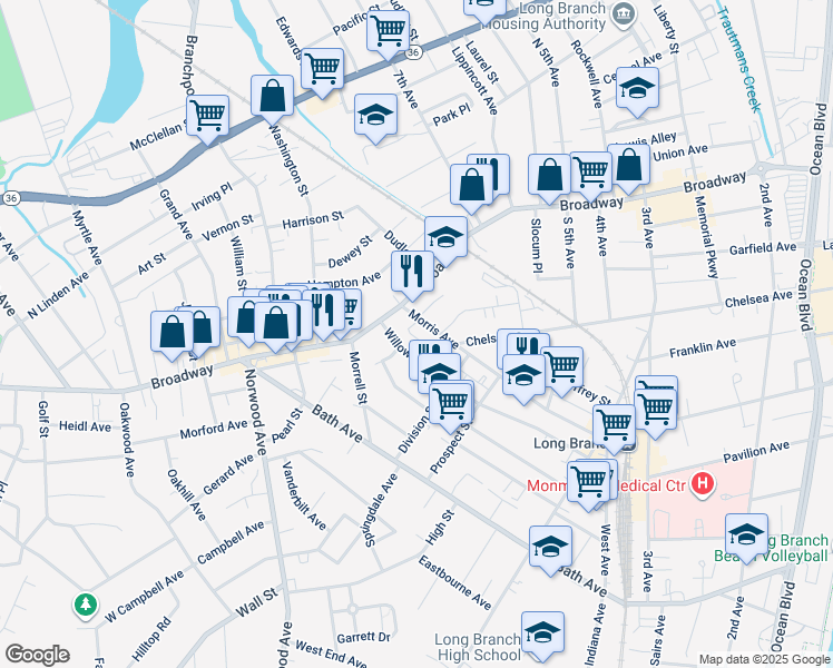 map of restaurants, bars, coffee shops, grocery stores, and more near 422 Morris Avenue in Long Branch
