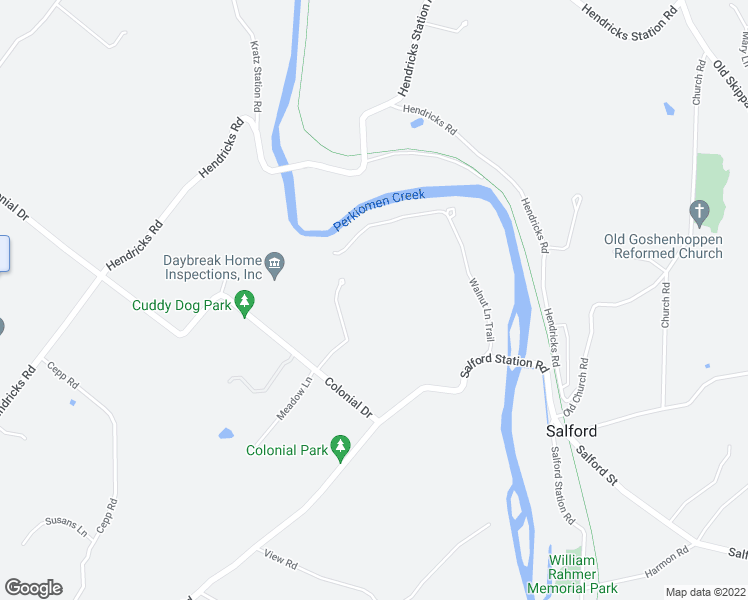 map of restaurants, bars, coffee shops, grocery stores, and more near 8 Meadow Lane in Perkiomenville
